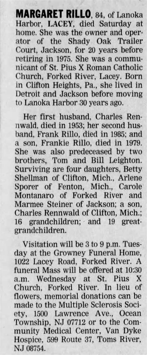 Obituary for MARGARET RILLO (Aged 84) .